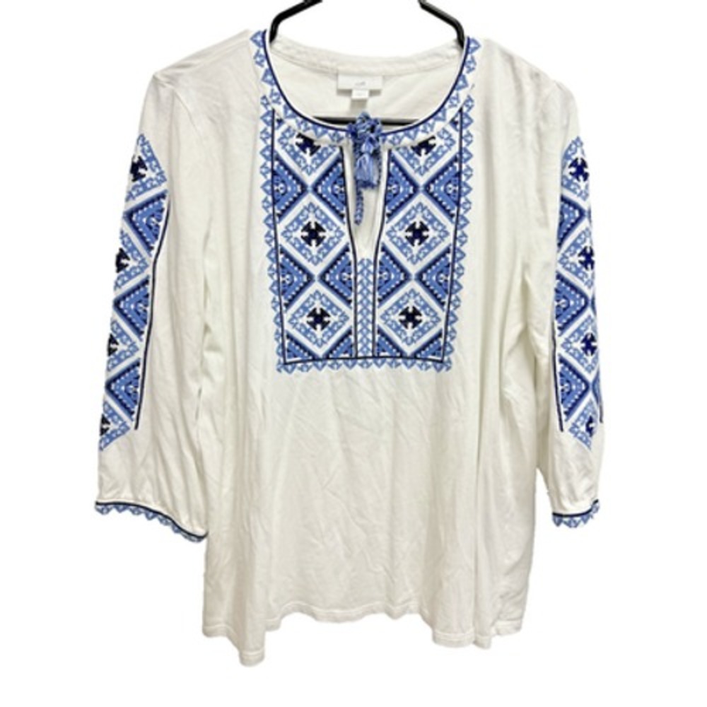 J JILL blue white embroidery peasant top blouse WOMEN Cotton size S A000780